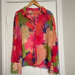 Vibrant Floral Button-Up Blouse - Pink Multi